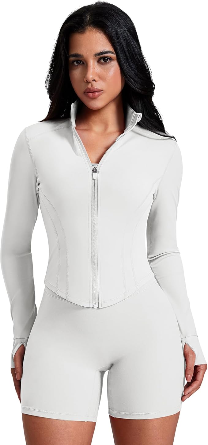 AVGO Women's Workout Jacket Lightweight Zip Up Crop Top Running Sportwear Slim Fit Gym Jackets With Thumb Holes