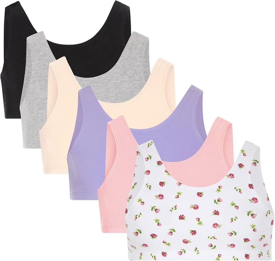 Fruit of the Loom girls Multi Pack Cotton Built -Up Stretch Sports Bra Available in 6 Packs!