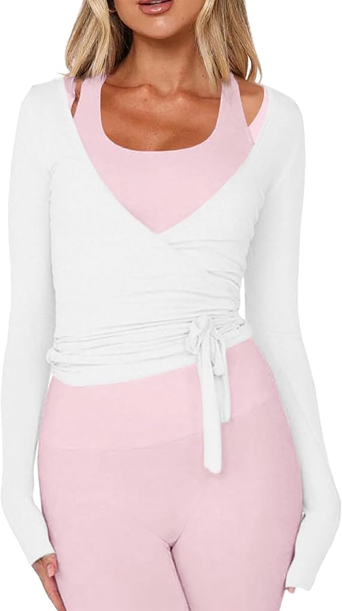 Women Pilates Wrap Top Ballet Tie Workout Shirt Long Sleeve Cross Sexy Deep V Neck Yoga Coquette Blouses Y2k Active Gym