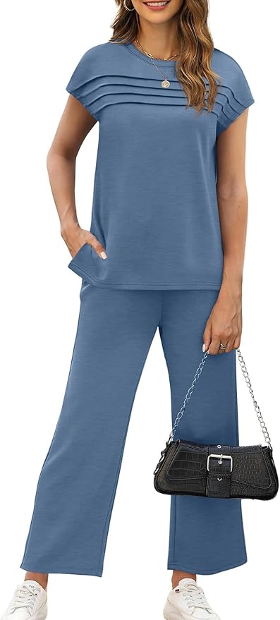 WIHOLL Two Piece Sets for Women Summer Spring Travel Vacation Outfits Cap Sleeve Lounge Matching Sets Wide Leg Pants S-3XL