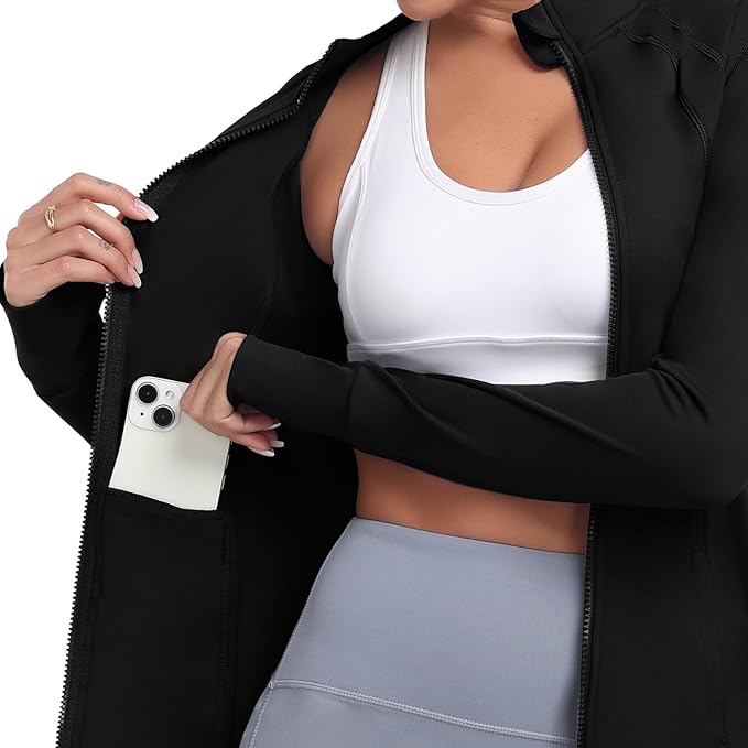 Women's Athletic Full Zip Lightweight Workout Jacket With Pockets Running Yoga Sportwear With Thumb Holes