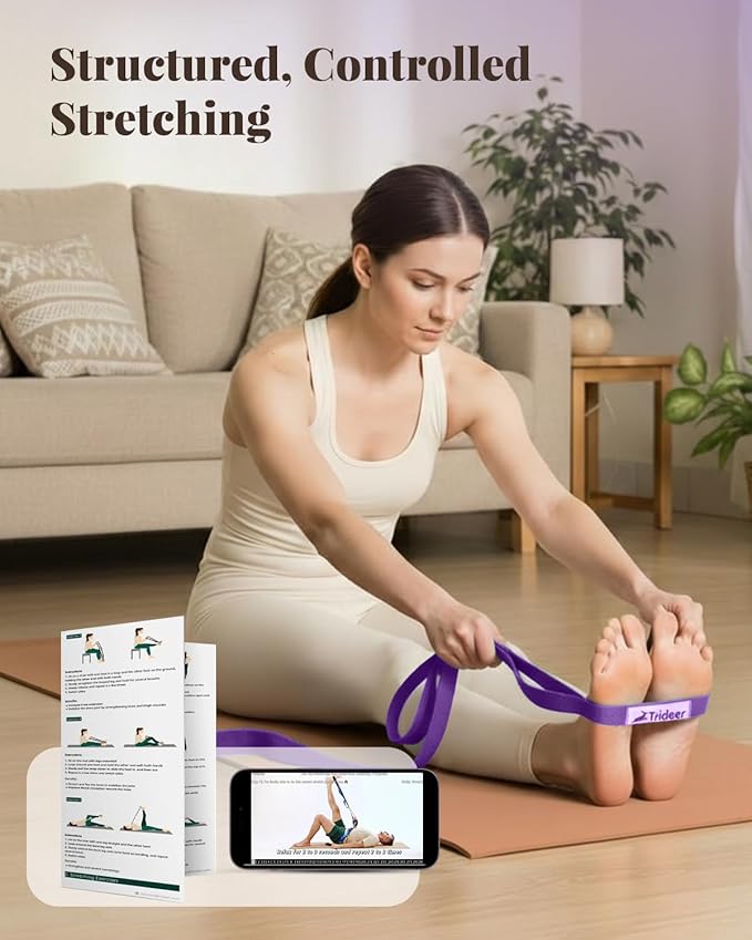 Trideer Stretching Strap with Loops & Leg Lifter, Non-Elastic PT-Style Physical Therapy Strap for Knee Replacement Rehab, Hamstring, Calf & Back Stretcher Mobility, Hip, Shoulder & Yoga