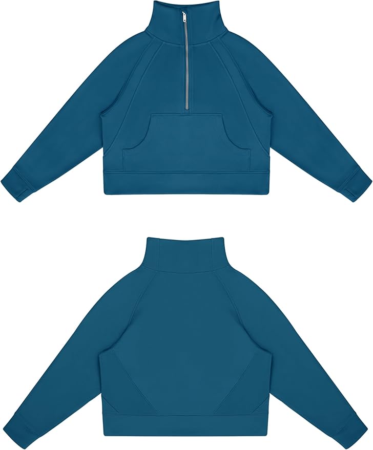 THE GYM PEOPLE Womens' Half Zip Pullover Fleece Stand Collar Crop Sweatshirt with Pockets Thumb Hole