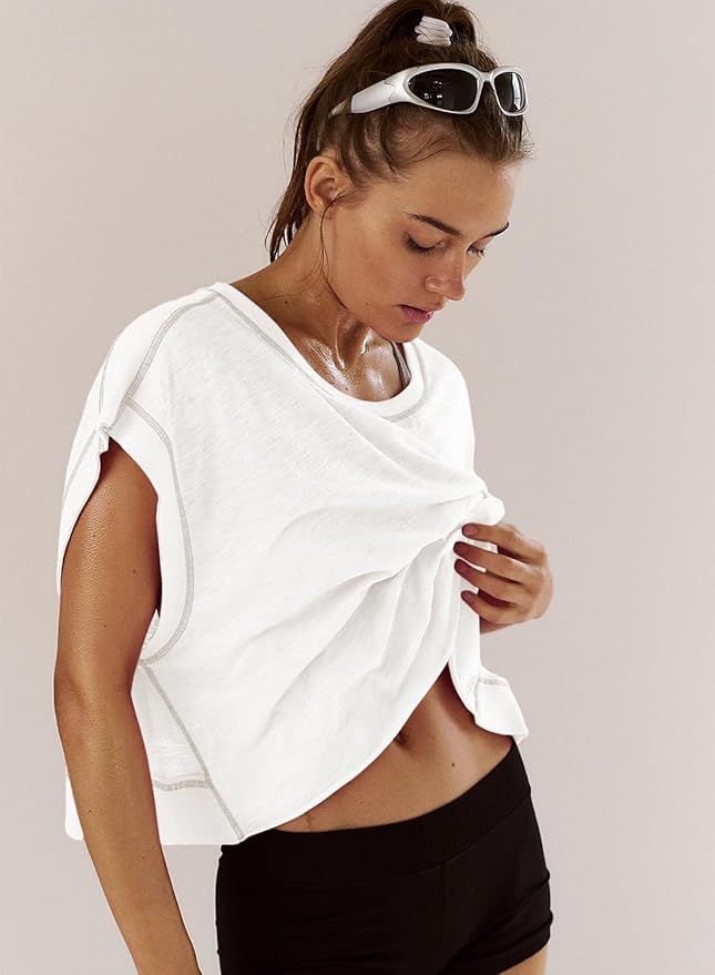 Kumufenc Women Short Sleeve Workout Shirts Open Back Tops Casual Yoga Y2k Athletic Gym Slouchy Crop Running Tees