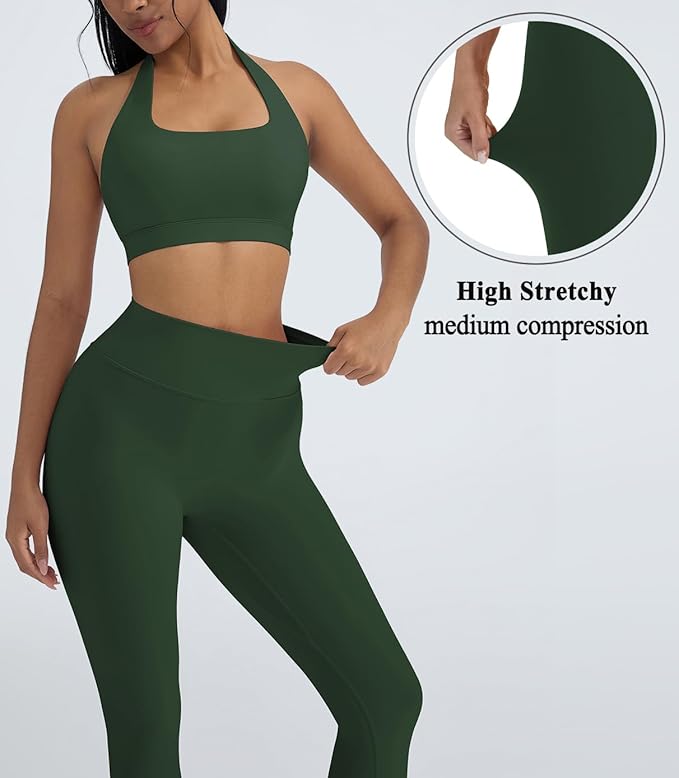 OMKAGI 2 Piece Workout Sets for Women Halter Sports Bras Gym Sets Booty Leggings Outfits