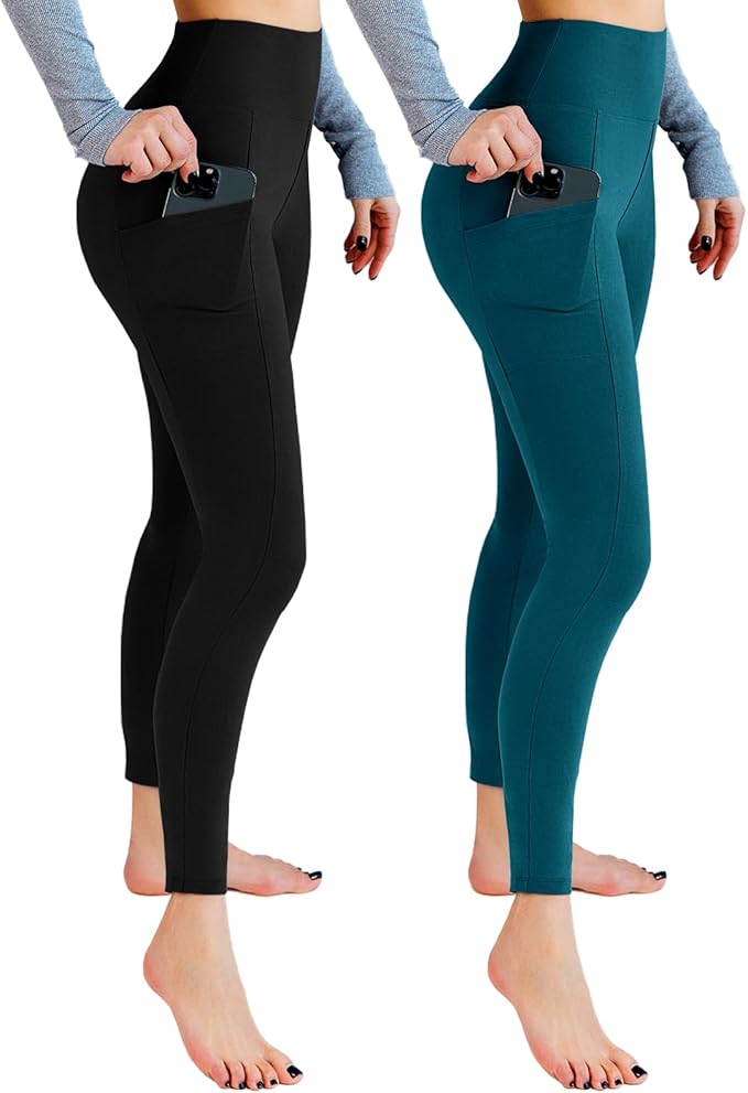 Leafigure 2 Pack Leggings with Pockets for Women, High Waisted Soft Leggings for Yoga Gym