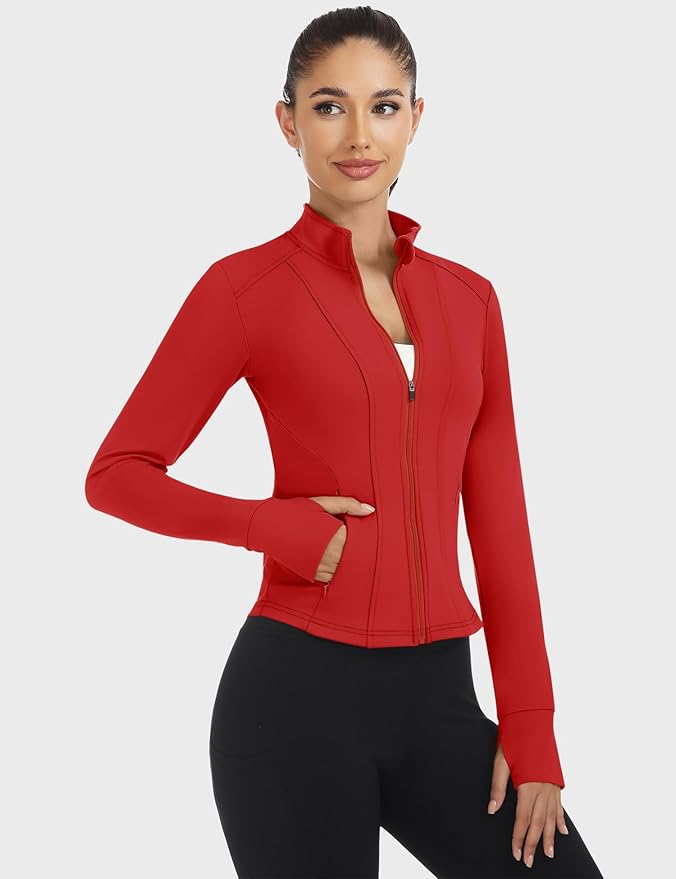 Loovoo Women's Workout Jacket Lightweight Zip Up Athletic Jackets Cropped Slim Fit Running Yoga Tops with Pockets