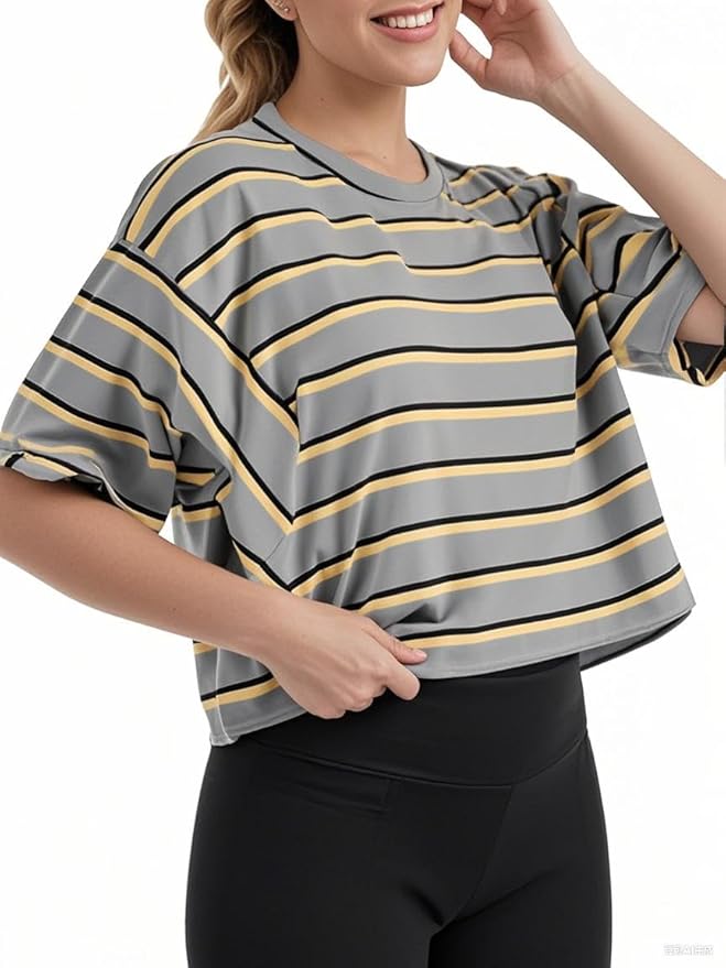 Women's Oversize Workout Crop Tops Casual Short Sleeve Drop Shoulder Boxy T-Shirts Roll Hem Basic Loose Yoga Running Tees