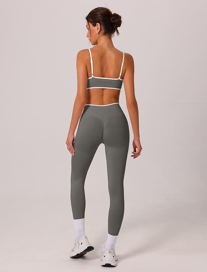 ABOCIW Womens 2 Piece Workout Sets Seamless Color Block Sports Bra Scrunch Butt Lifting High Waist Leggings Gym Set