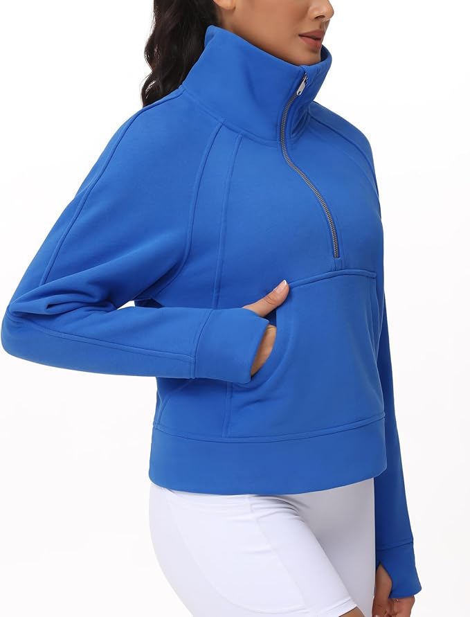 THE GYM PEOPLE Womens' Half Zip Pullover Fleece Stand Collar Crop Sweatshirt with Pockets Thumb Hole