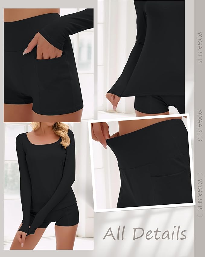 Women Workout Sets 2 Piece Yoga Square Neck Long Sleeve Top Athletic Seamless Short Pockets Sport Gym Run Outfits