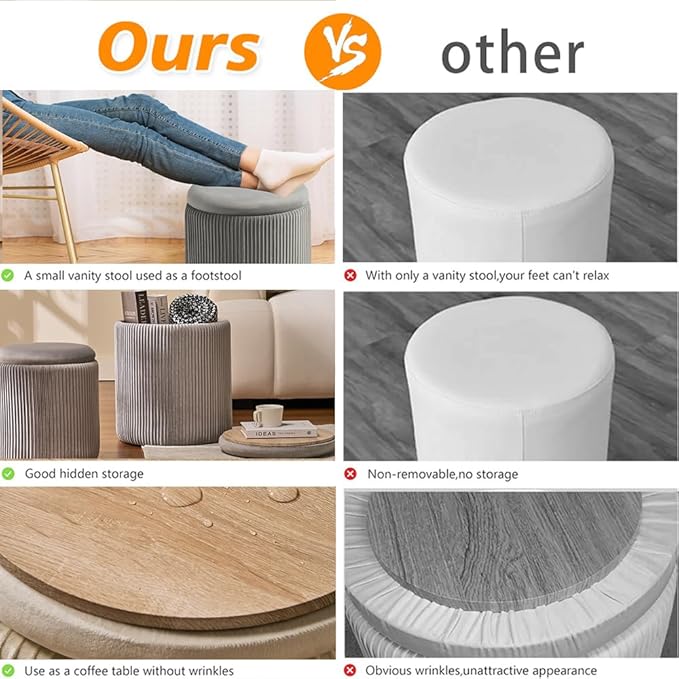 BLEXA Round Set of 2 Ottoman with Storage-Upholstered Velvet Vanity Stool for Makeup Multifunctional Ottomans Coffee Table Padded Seat Foot Rest for Living Room&Bedroom(Ligth Grey)