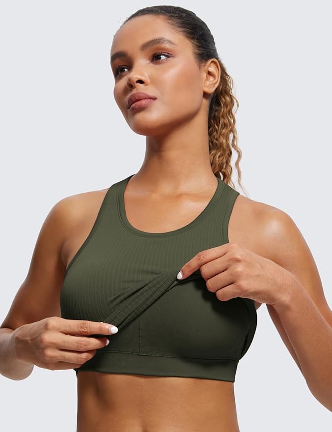 CRZ YOGA Seamless Ribbed High Neck Crop Tank Tops for Women - Longline Racerback Padded Sports Bras