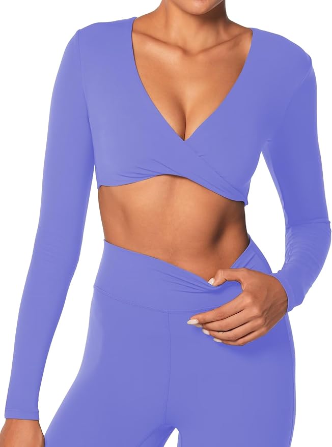 Sunzel Long Sleeve Workout Tops for Women Buttery Soft Deep V Twist Cropped Tops with Compression for Yoga Pilates Gym Outfit