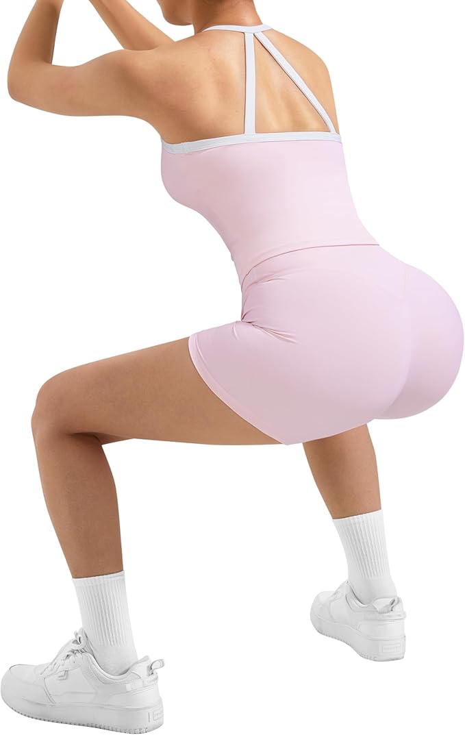 SUUKSESS Women 2 Piece Workout Sets High Waisted Tummy Control Biker Shorts Halter Padded Tank Tops