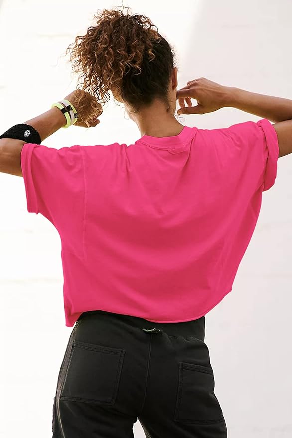 Women's Oversize Workout Crop Tops Casual Short Sleeve Drop Shoulder Boxy T-Shirts Roll Hem Basic Loose Yoga Running Tees