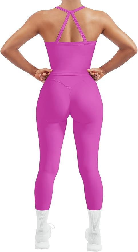 SUUKSESS Women 2 Piece Workout Sets Compression Tummy Control Leggings with Pockets Halter Built in Bra Tank Tops