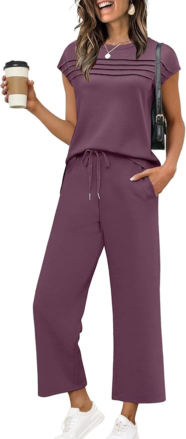 WIHOLL Two Piece Sets for Women Summer Spring Travel Vacation Outfits Cap Sleeve Lounge Matching Sets Wide Leg Pants S-3XL