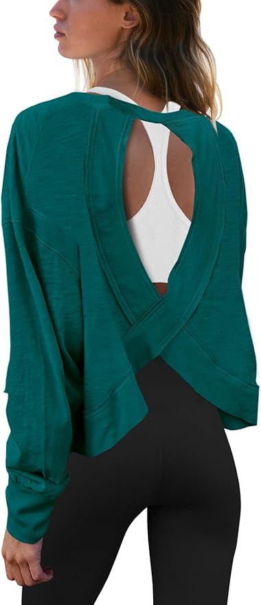 Panadila Womens Open Back Workout Top Long Sleeve Athletic Shirts Casual Crop Running Tee Y2k Yoga