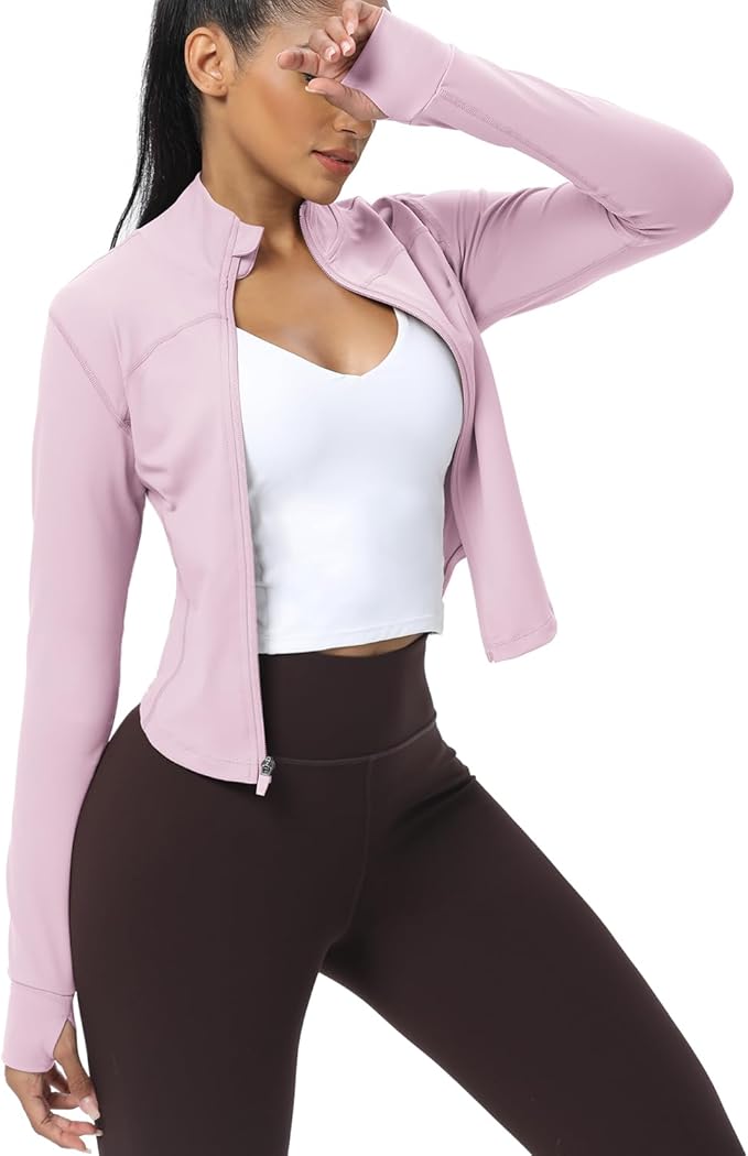AVGO Women's Cropped Running Workout Jackets Zip Slim Fit Athletic Tops with Thumb Holes