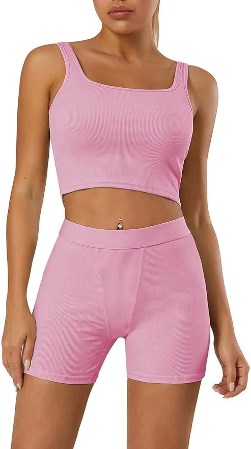 LICOBOD Casual Workout Sets 2 Piece Outfits for Women Ribbed Crop Tank Top High Waist Yoga Leggings Lounge Wear Tracksuit