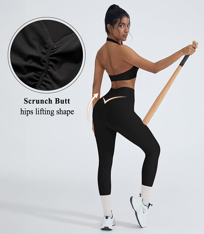 OMKAGI 2 Piece Workout Sets for Women Halter Sports Bras Gym Sets Booty Leggings Outfits
