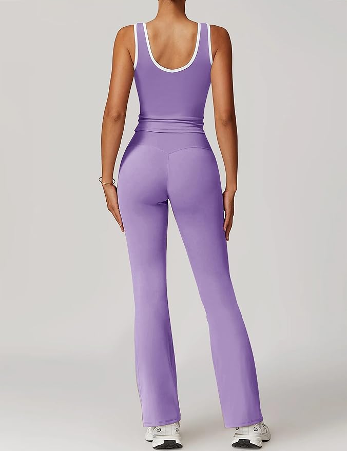 OLCHEE Womens Workout Sets 2 Piece Gym Yoga Outfits Crossover Flare Leggings Crop Tank Top with Contrast Trim