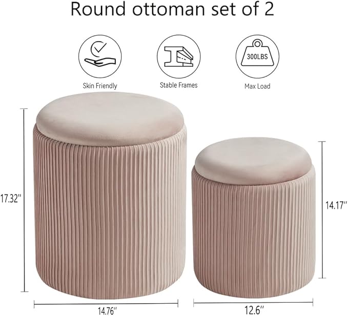 BLEXA Round Set of 2 Ottoman with Storage-Upholstered Velvet Vanity Stool for Makeup Multifunctional Ottomans Coffee Table Padded Seat Foot Rest for Living Room&Bedroom(Pink)