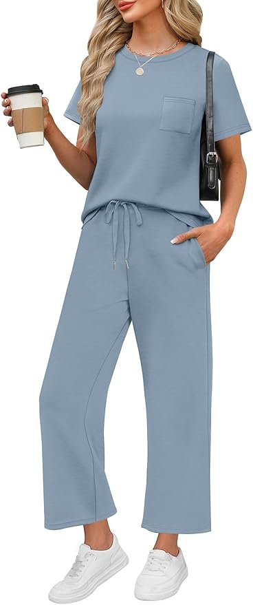 WIHOLL 2 Piece Sets for Women Casual Summer Travel Vacation Outfits Short Sleeve Wide Leg Crop Pants Lounge Sets