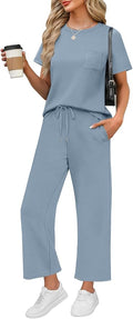 WIHOLL 2 Piece Sets for Women Casual Summer Travel Vacation Outfits Short Sleeve Wide Leg Crop Pants Lounge Sets