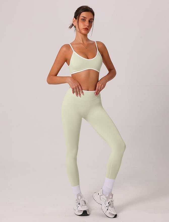 ABOCIW Womens 2 Piece Workout Sets Seamless Color Block Sports Bra Scrunch Butt Lifting High Waist Leggings Gym Set