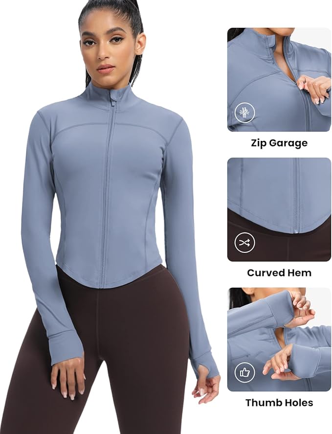 AVGO Women's Cropped Running Workout Jackets Zip Slim Fit Athletic Tops with Thumb Holes