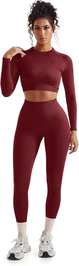 SUUKSESS Women 2 Piece Workout Sets Hidden Scrunch Hip Lifting Seamless Leggings Long Sleeve Yoga Crop Tops