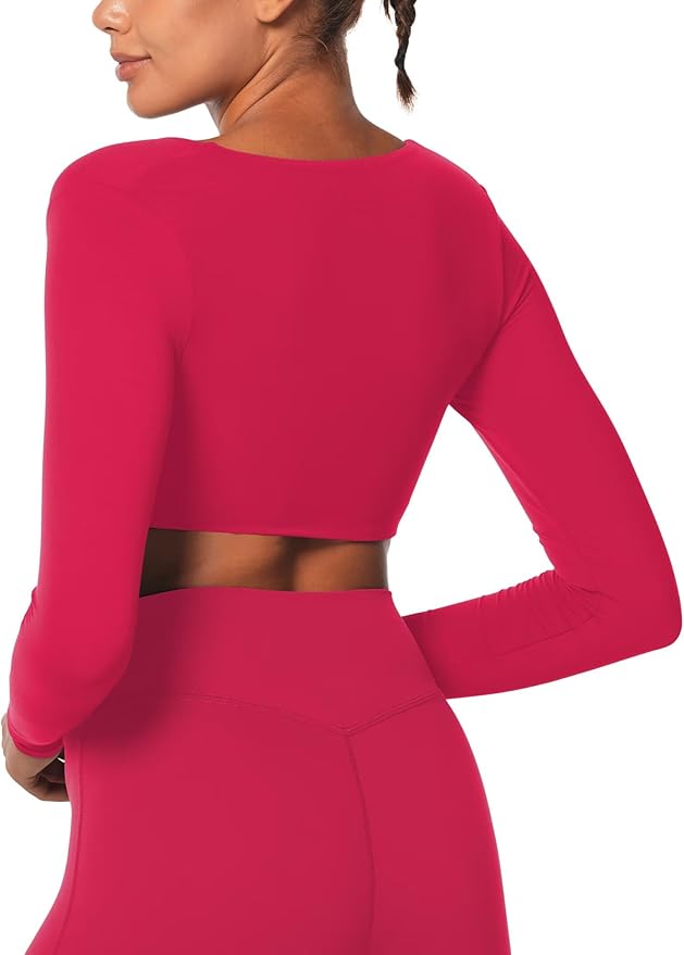 Sunzel Long Sleeve Workout Tops for Women Buttery Soft Deep V Twist Cropped Tops with Compression for Yoga Pilates Gym Outfit