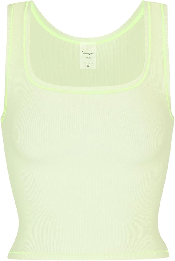 Danysu Women Rib Tank Top Padded Workout Top Square Neck Crop Tank Fitted Basic Cami Tops