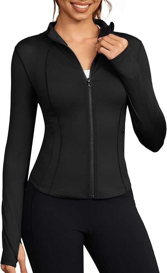 Bosmeer Workout Jackets for Women Lightweight Zip Up Slim Fit Yoga Sportwear Stretchy Crooped Running Jacket with Thumb Holes