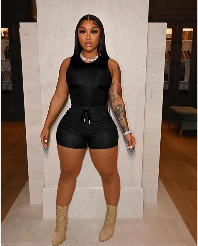 HBQ Women 2 Piece Outfits Sleeveless Tank Tops Biker Short Workout Jogger Sets Summer