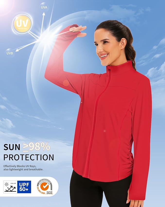 Vldnery Women's UPF 50+ Sun Protection Lightweight Jacket Zip Up Long Sleeve Sun Shirt for Women with Thumb Hole Hiking