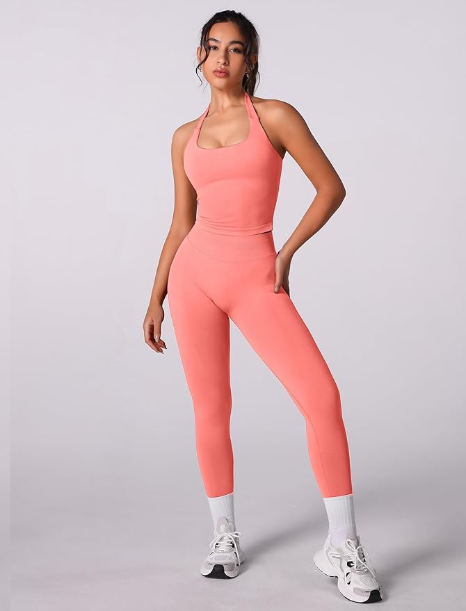 ABOCIW Workout Sets for Women Seamless Scunch Butt Lifting Impact Leggings Halter Sports Bra 2 Piece Gym Outfits