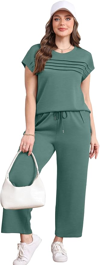 WIHOLL Two Piece Sets for Women Summer Spring Travel Vacation Outfits Cap Sleeve Lounge Matching Sets Wide Leg Pants S-3XL