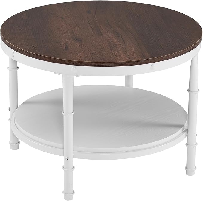 VINGLI 25.6" Rustic Oak White Round Farmhouse Coffee Table, 2-Tier Storage Wood Center Circle Accent Table for Living Room, Bedroom, Apartment, Studio and Small Spaces, Sturdy Metal Frame