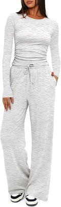 Darong Women's 2 Piece Outfits Lounge Sets 2026 Long Sleeve Tops Wide Leg Pants Casual Matching Set