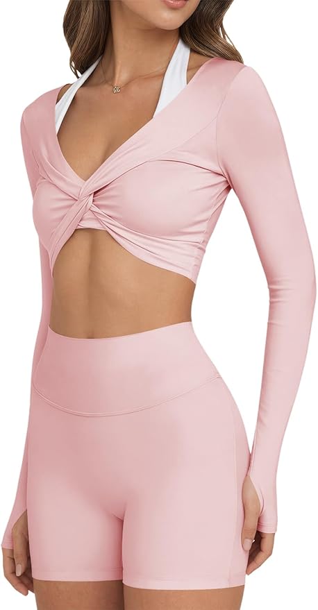 Yousify Womens Long Sleeve Workout Crop Tops Twist Deep V Neck Y2k Yoga Pilates Ballet T Shirt Top with Thumb Holes