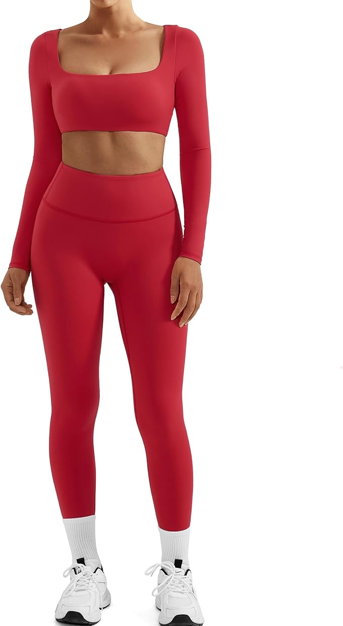 SUUKSESS Women 2 Piece Workout Sets Compression Tummy Control Leggings with Pockets Long Sleeve Square Neck Padded Crop Tops