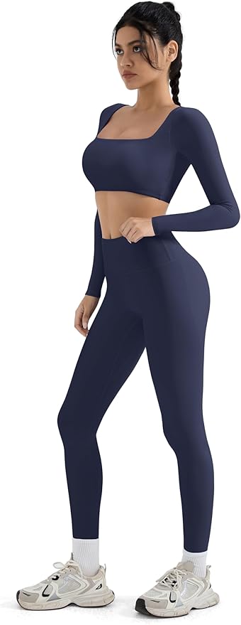 SUUKSESS Women 2 Piece Workout Sets Compression Tummy Control Leggings with Pockets Long Sleeve Square Neck Padded Crop Tops
