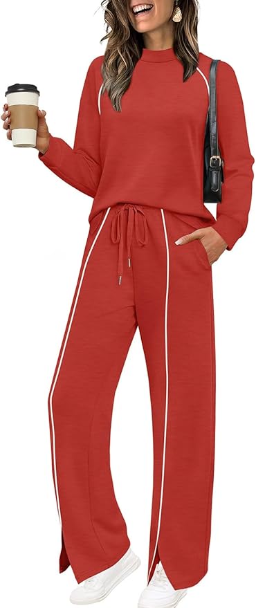 WIHOLL Lounge Sets for Women 2 Piece Fall Outfits 2025 Wide Leg Pant Matching Sets Womens Clothing