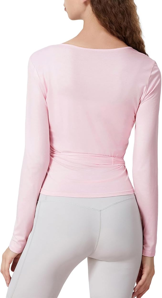 Women Wrap Tie Top Y2k Long SLeeve Ballet Workout Yoga Shirt Coquette Blouses