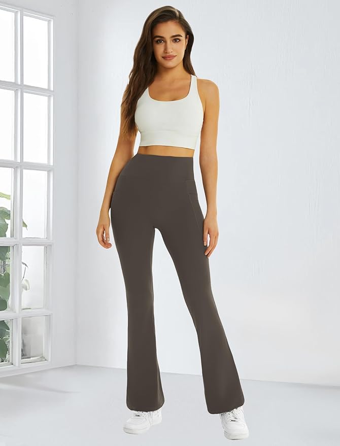 FireSwan Women's Flare Yoga Pants with Pockets High Waist Flared Leggings Bootcut Gym Workout Pants Tummy Control