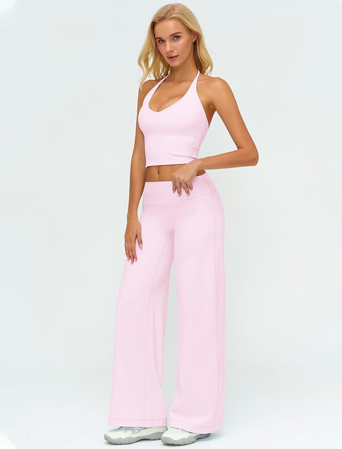 QBGJTD Womens Workout Sets Two Piece Spaghetti Straps Crop Top Matching Straight Leg Pants Gym Work Pilates Outfits