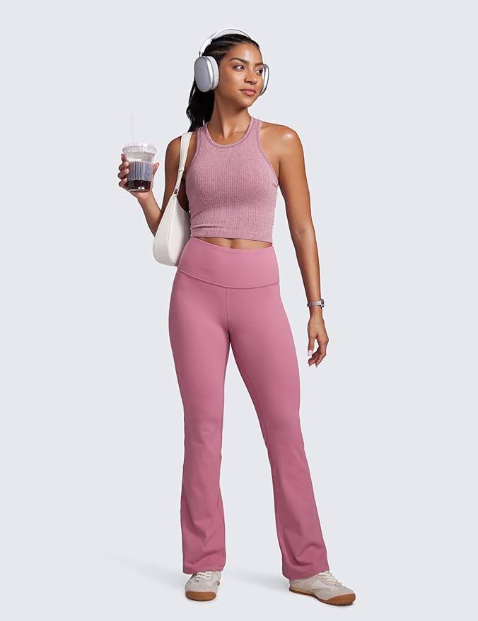 CRZ YOGA Seamless Ribbed High Neck Crop Tank Tops for Women - Longline Racerback Padded Sports Bras